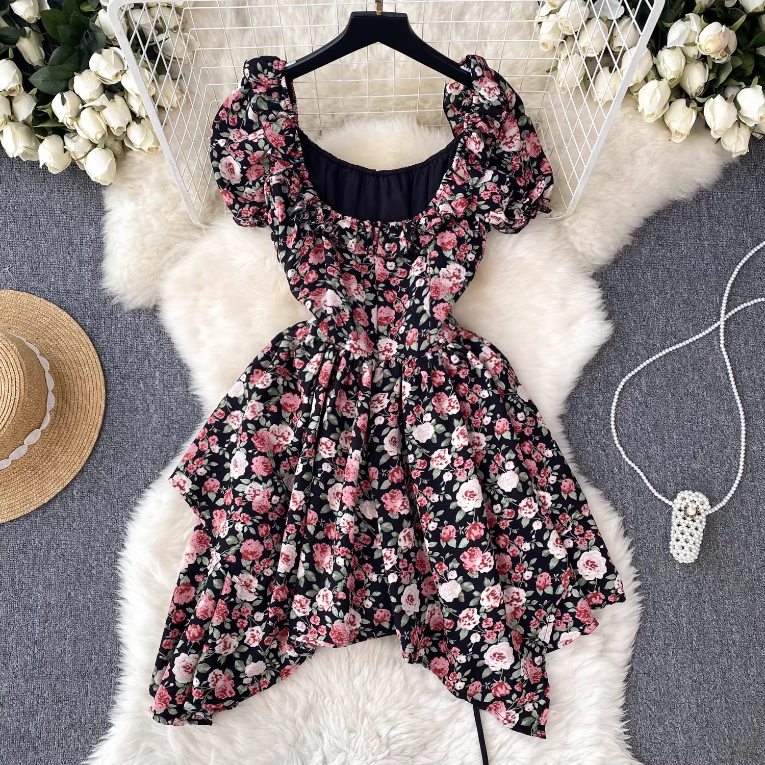 Floral Square Neck Puff Sleeve Irregular Dress For Women