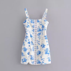 Retro printed blue and white porcelain hook buckle detachable suspender dress