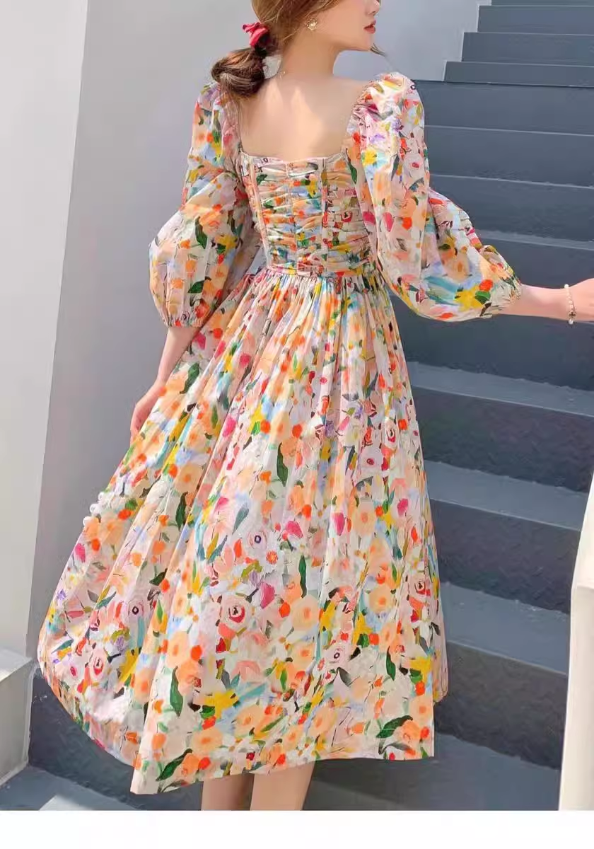 Retro Chic Floral Puff Sleeve Dress for Women Summer