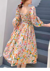 Retro Chic Floral Puff Sleeve Dress for Women Summer