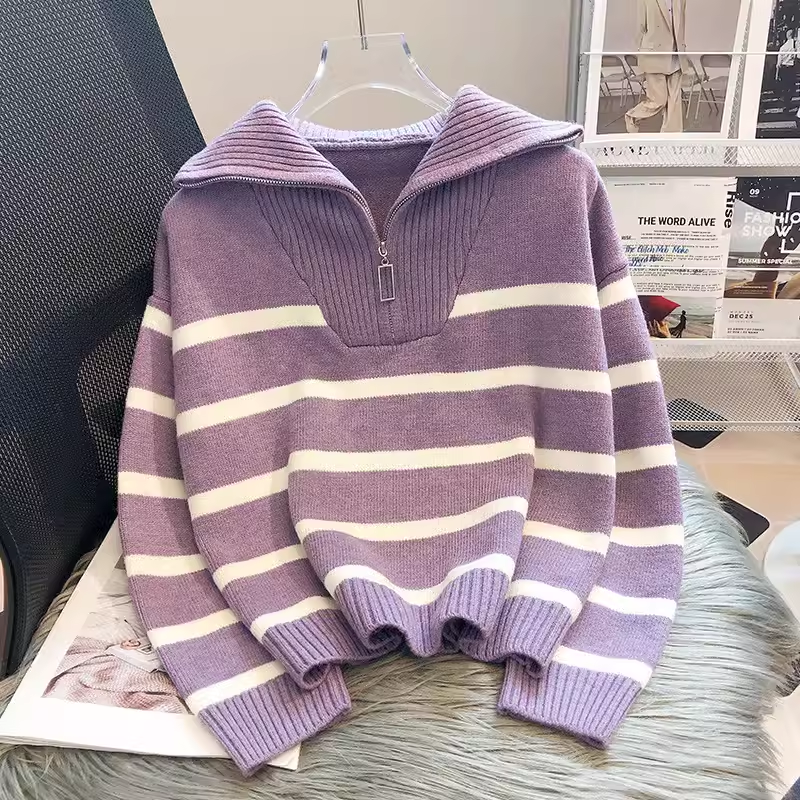 women's spring and autumn striped sweater loose lazy style knitted sweater