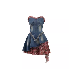 Rose floral bandeau patchwork denim dress