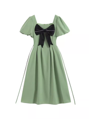 Green square neck bow dress