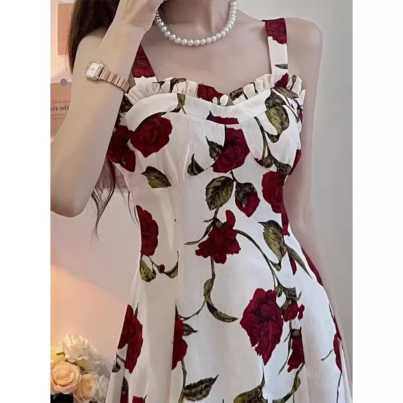 women's spring rose suspender dress