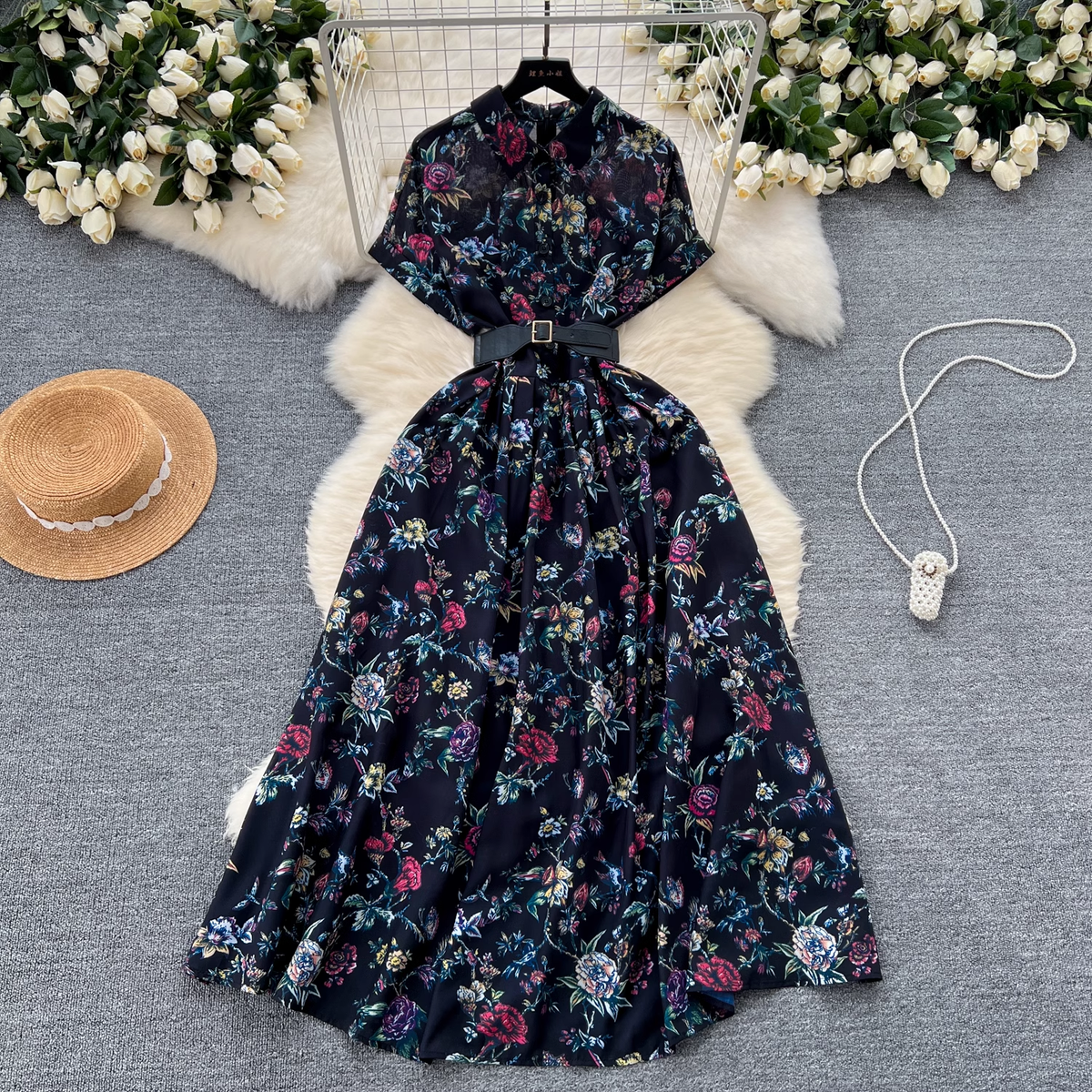 Short sleeve printed vintage chiffon dress