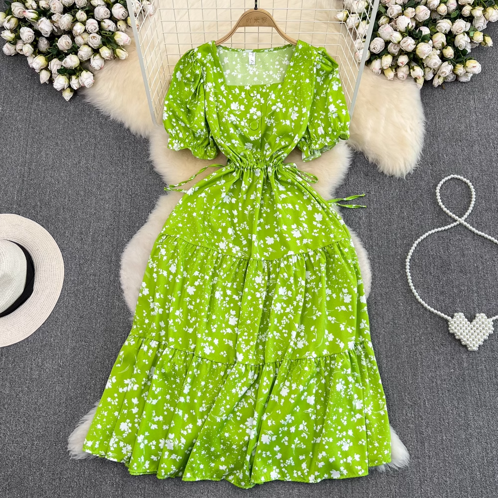 Square collar puff sleeve summer fluffy princess dress,