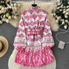 Stand collar printed dress women's retro court style lantern long-sleeved fairy dress