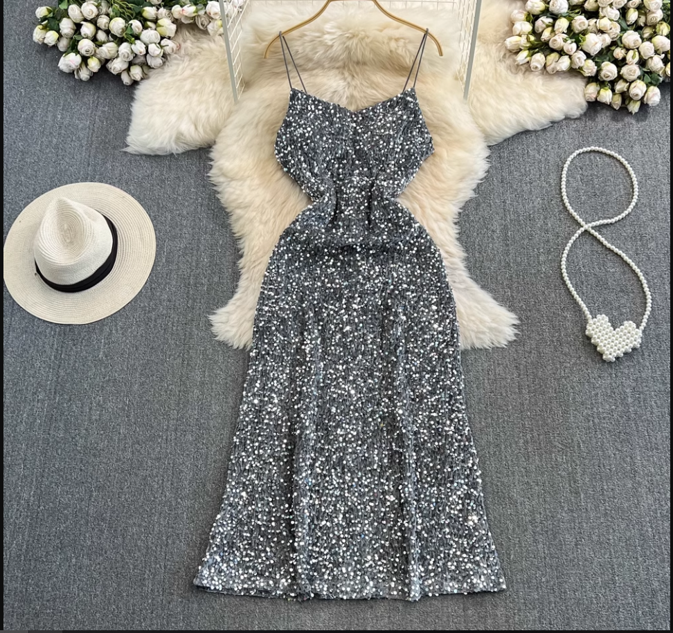 Sleeveless mid-length a-line sparkling sequin suspender dress