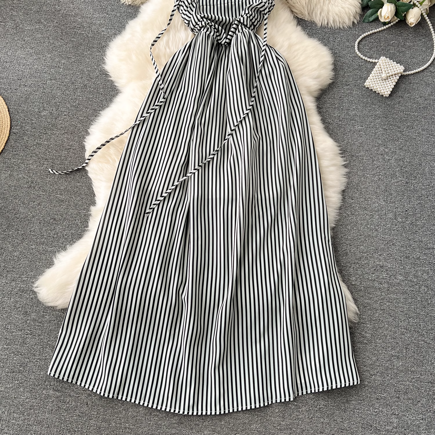 women's long striped suspender dress