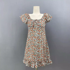 Summer ladies elastic square neck short sleeve printed ruffle short dress