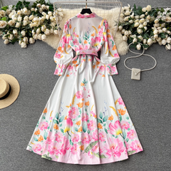 Lantern long-sleeved lapel single-breasted fashion print tie-waist elegant dress