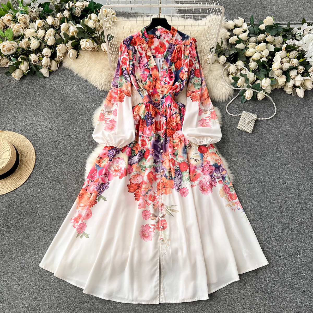 Women's V-neck long printed dress