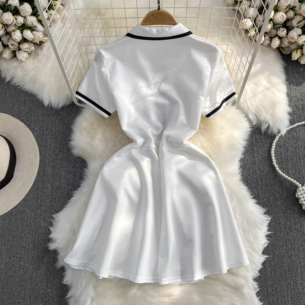 Retro short-sleeved contrasting color POLO collar A-line fluffy dress