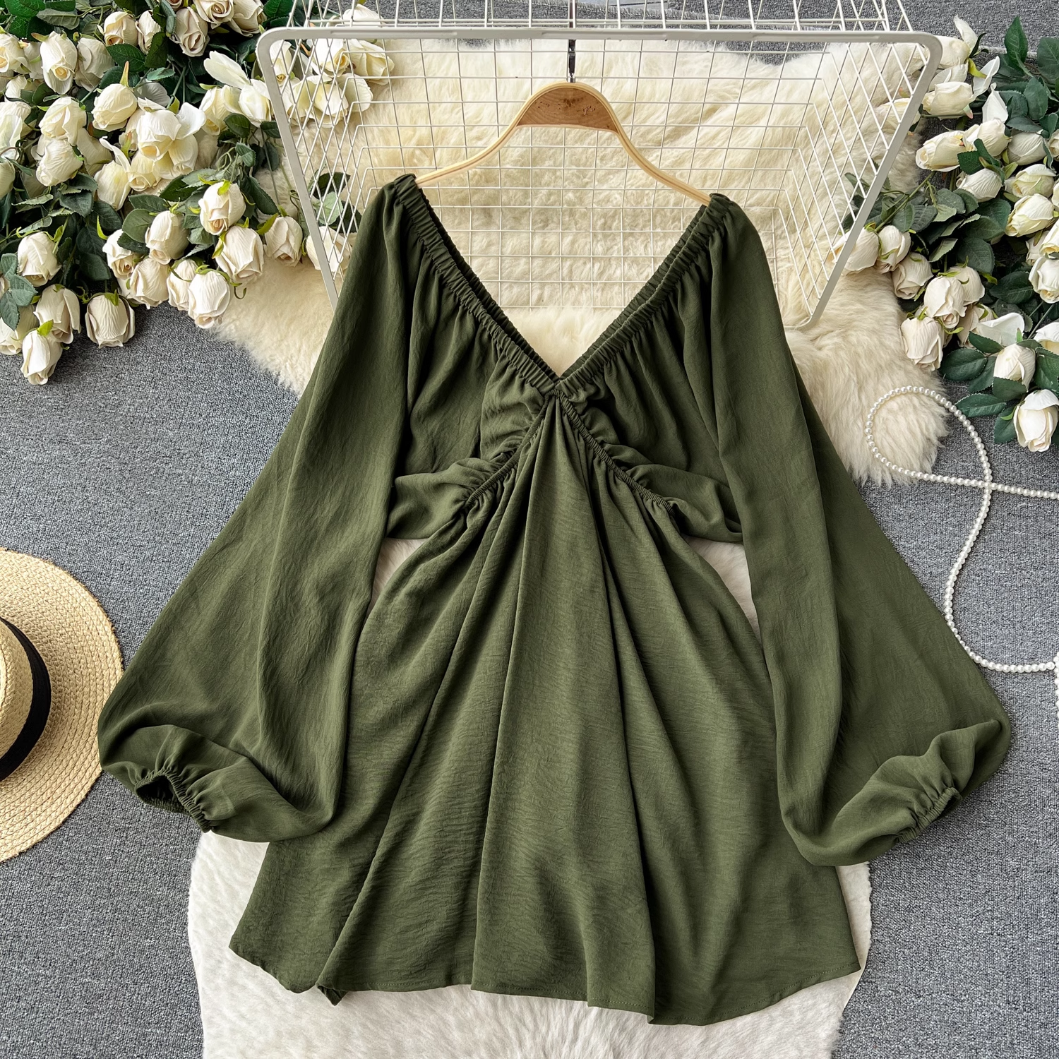 Sexy Deep V Neck Lantern Long Sleeve Dress for Women Vacation Dress