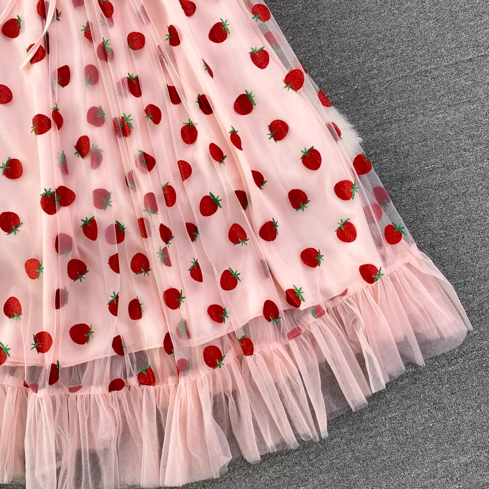 Strawberry V Neck Tulle Summer Dress ,