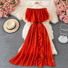 summer off shoulder chiffon dress ,