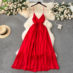 Red V-neck suspender chiffon long dress