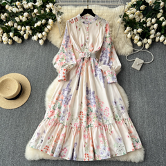 Retro elegant lantern long-sleeved waist printed dress