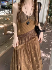 Vintage mesh patchwork slip dresses for women summer