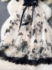 Retro Elegant Dress Women Knitted Splicing Embroidery Butterfly Mesh Fluffy Fairy Long Dress