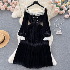 Retro dress women's lace patchwork waist ruffle velvet dress