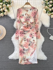 Long-sleeve padded square-neck mid-length slit  printed dress