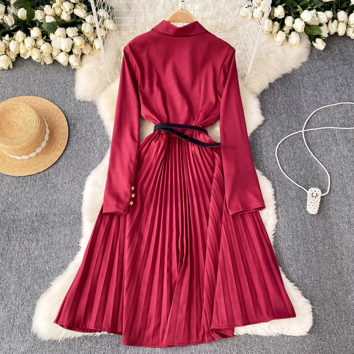 women's suit collar dress high waist pleated dress