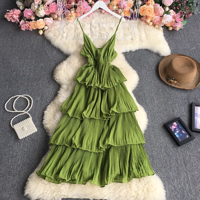 women's summer suspender pleated dress