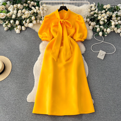 Vintage Bow Tie Puff Sleeve Dress