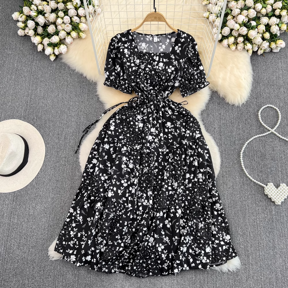 Square collar puff sleeve summer fluffy princess dress,