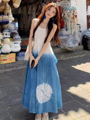 Blue tie-dye suspender dress for women