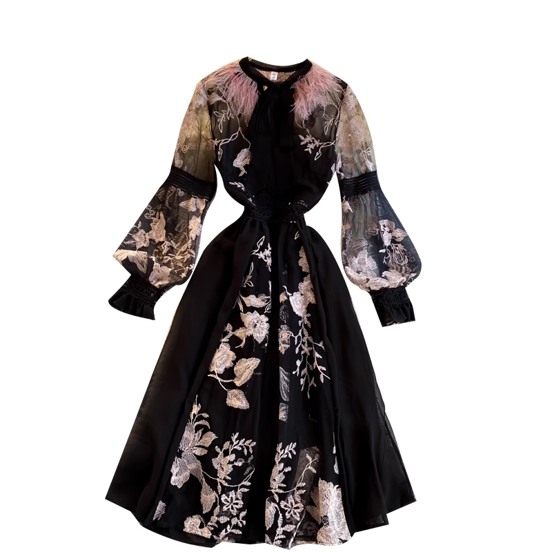 Women's embroidered flower ostrich feather round neck dress