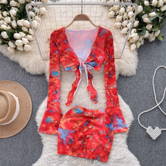 Floral trumpet sleeve top women's short section navel bag hip skirt two-piece suit summer