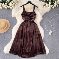 Square collar mid-length A-line retro velvet dress