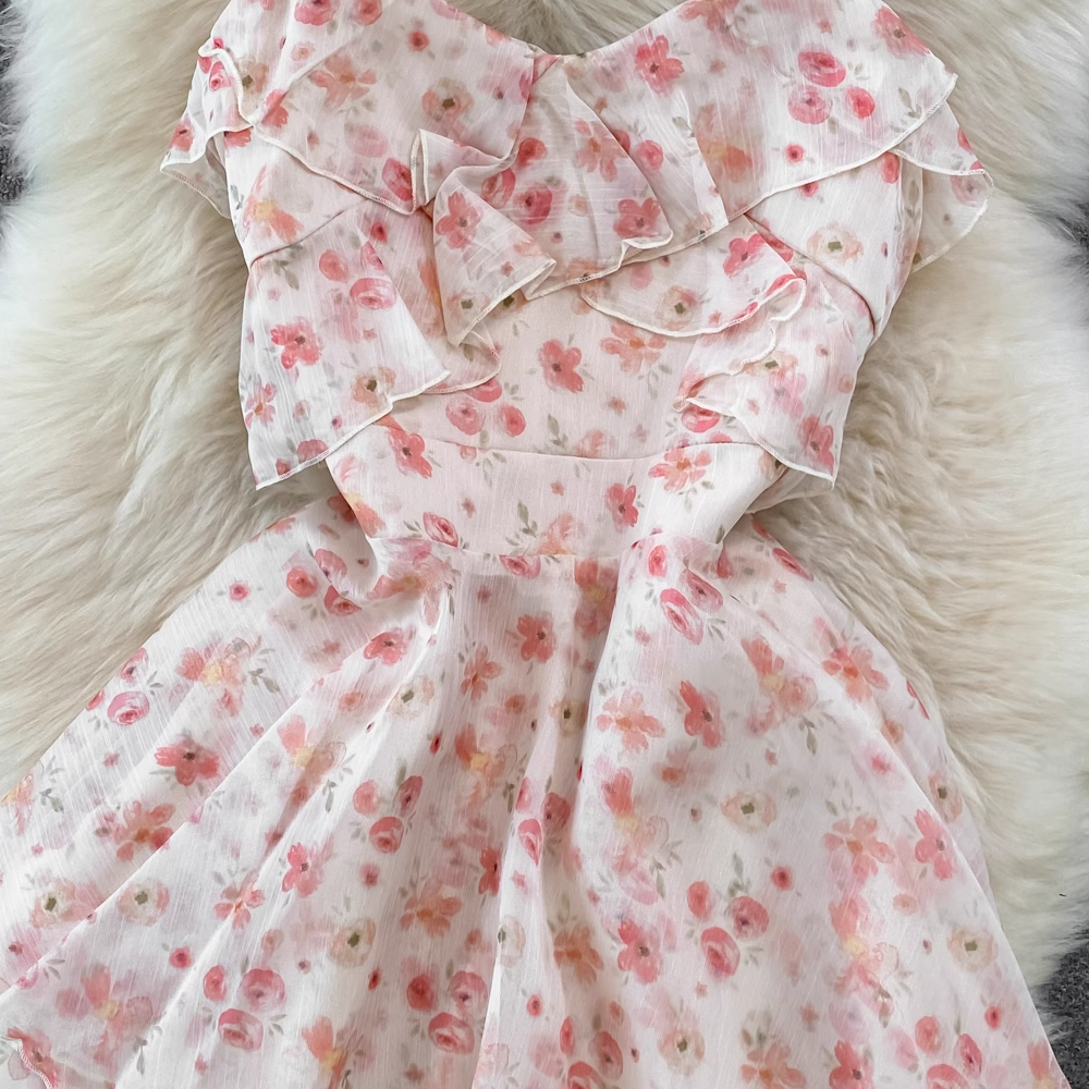 V-neck Ruffle A-line Floral Dress,