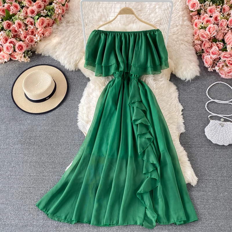 summer off shoulder chiffon dress ,