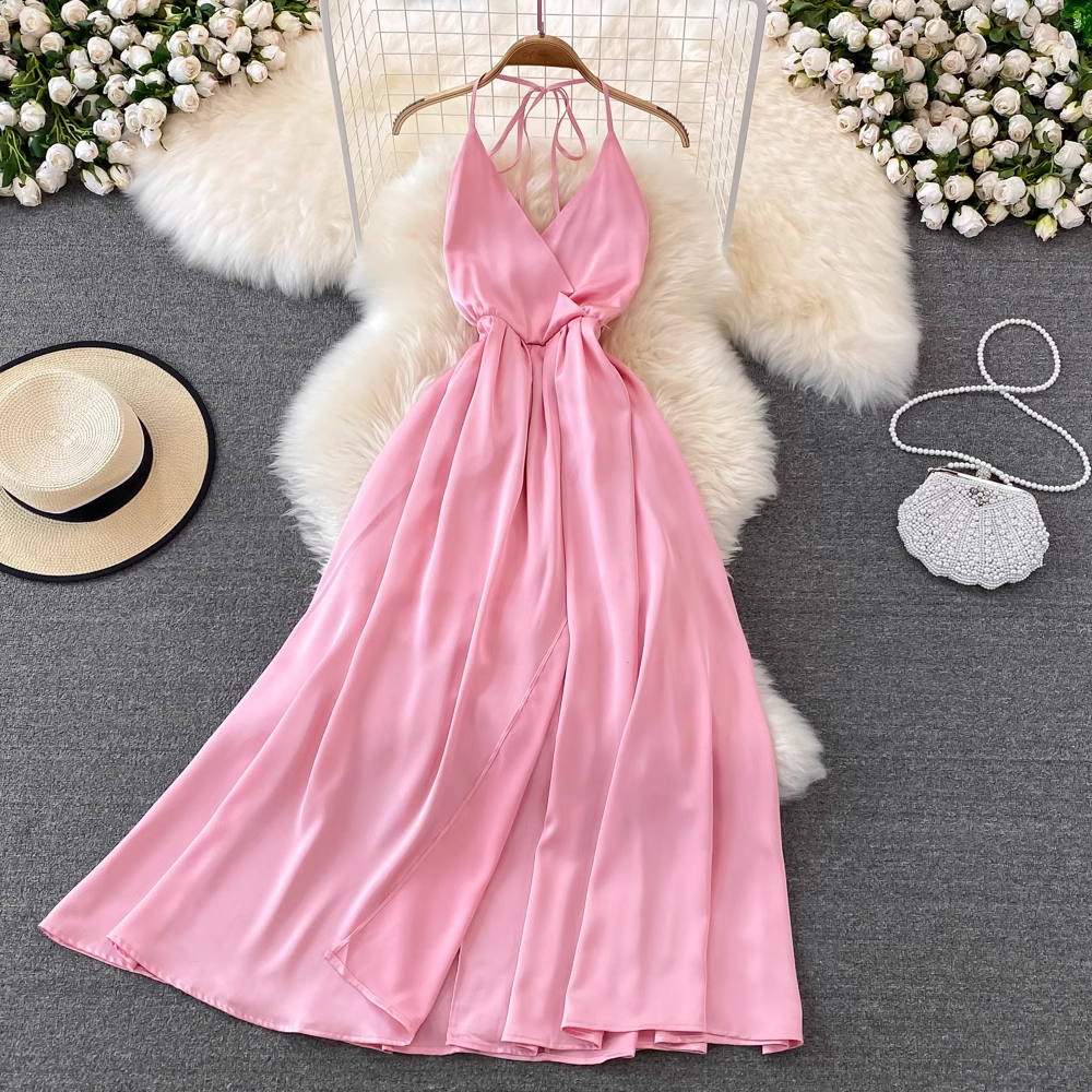 Pink V Neck Backless Summer Dress ,