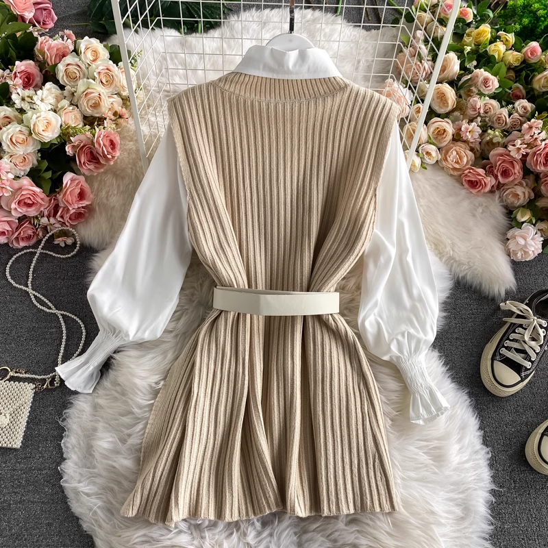 Long Shirt Tie Knit Vest Two-Piece Set,