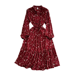 Lantern long-sleeved stand-collar mid-length a-line ruffle floral dress