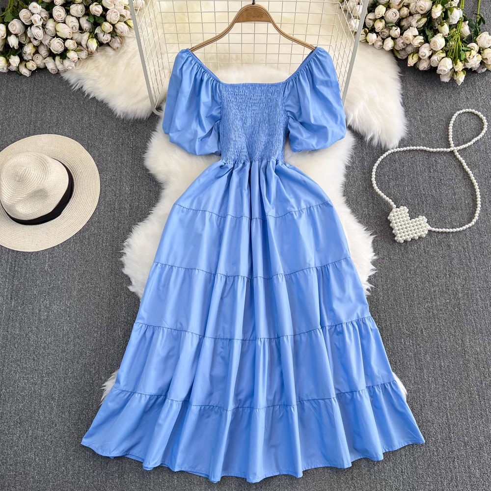 Bubble Short Sleeve Square Neck A-Line Dress Seaside Holiday Swing Long Dress ,