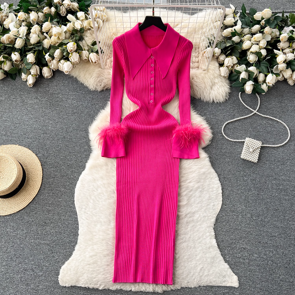 Women's autumn and winter lapel feather tight knitted dress