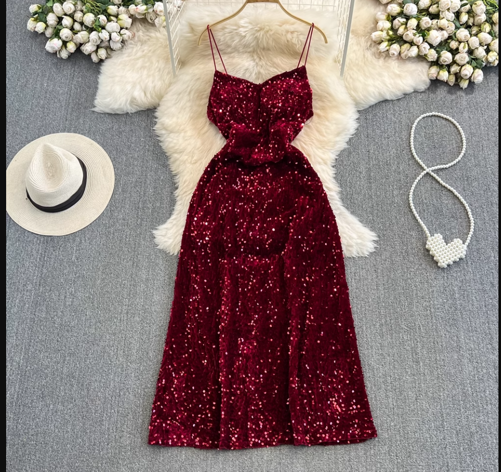 Sleeveless mid-length a-line sparkling sequin suspender dress