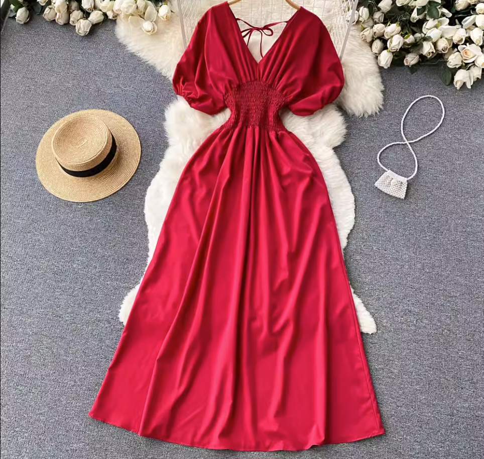 Pure color Puff Sleeves Maxi Dress ,