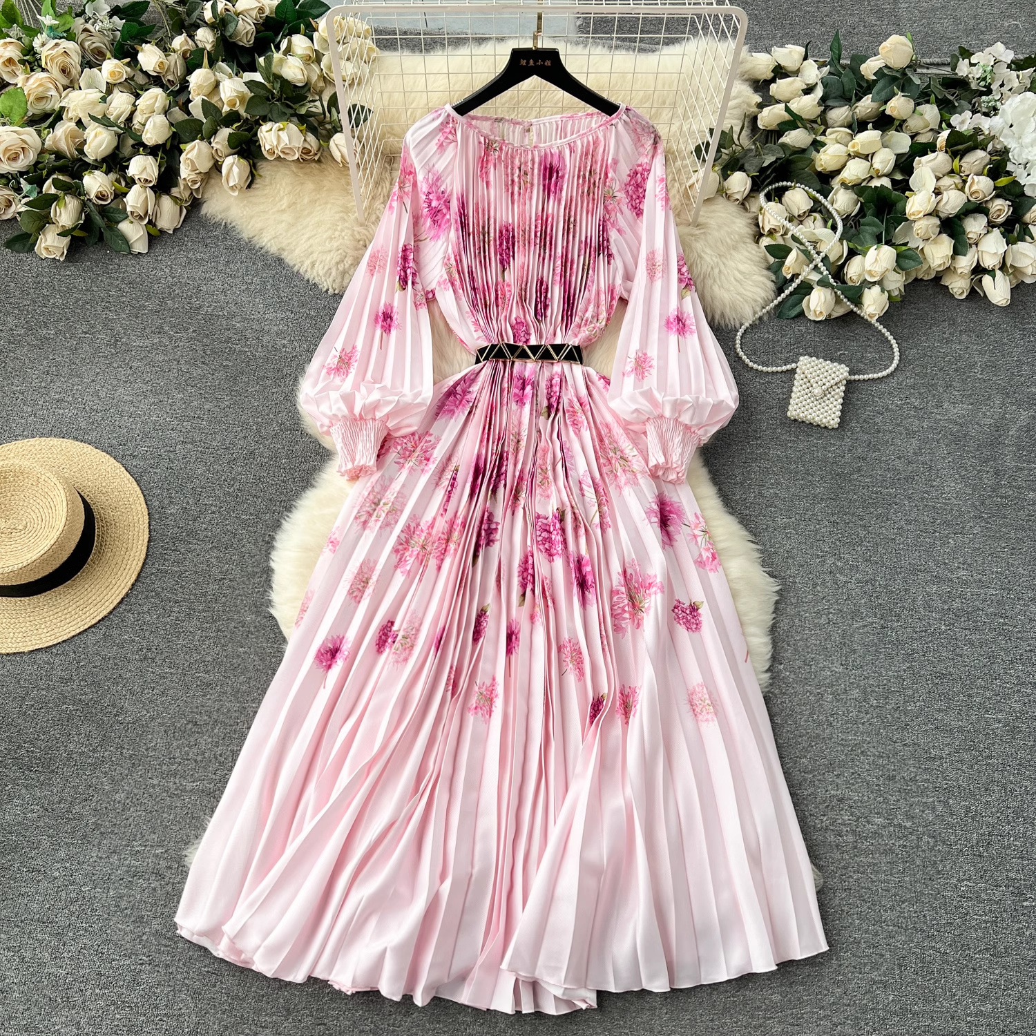 women's dress printed pleated holiday long dress