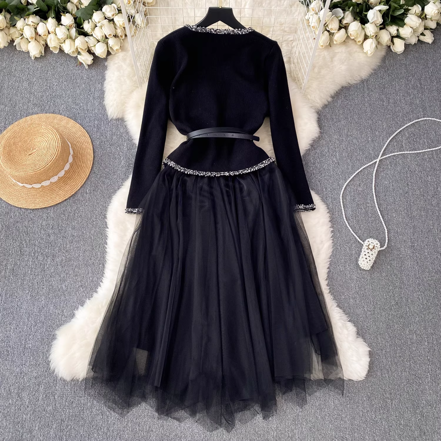 Knitted cardigan versatile suspender dress two-piece suit