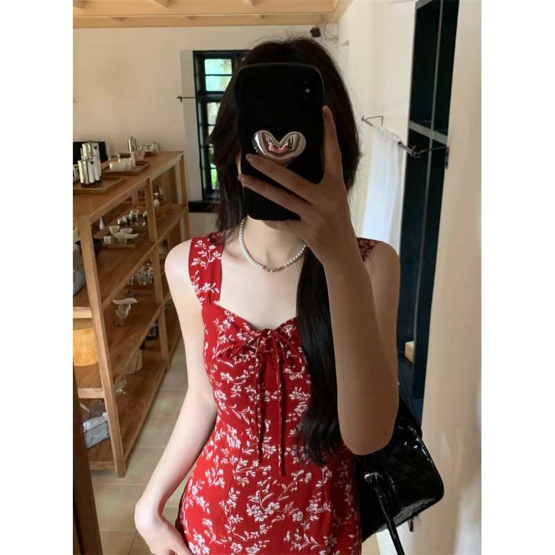 Red Floral Suspender Dress Women's Slim Slit Dress