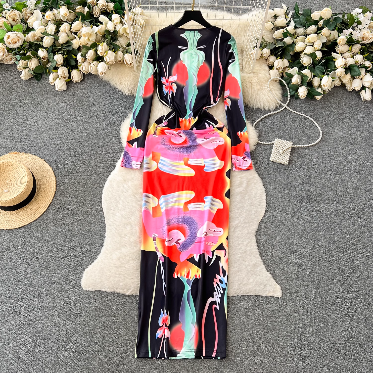 Retro fashion printed hip-hugging dress