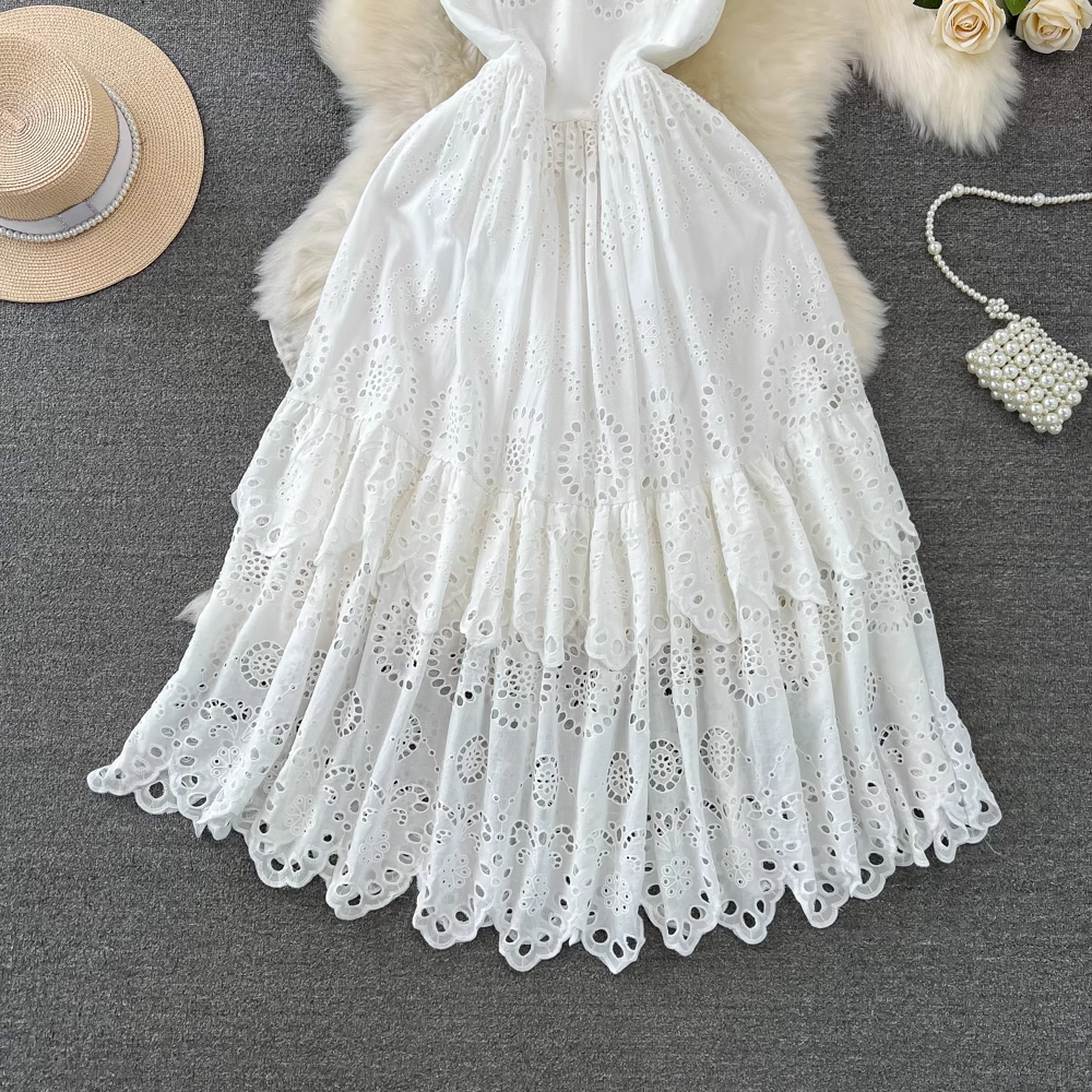 Mid-length a-line hollow white dress bohemian seaside vacation beach dress