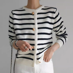 Autumn and winter retro black and white striped knitted cardigan jacket