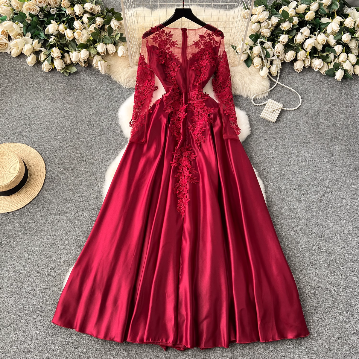 Red long-sleeve A-line dress